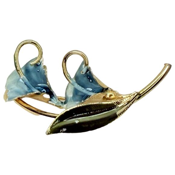 Blue Calla Lily Flower Brooch Pin 1.75" Gold Tone Enamel Cottagecore - Picture 2 of 9